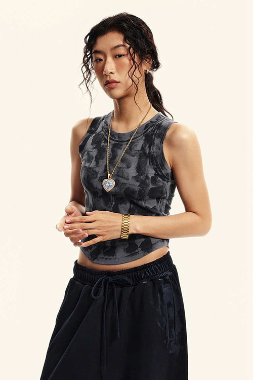 Vintage Washed Mud-Dye Crop Vest - Charcoal