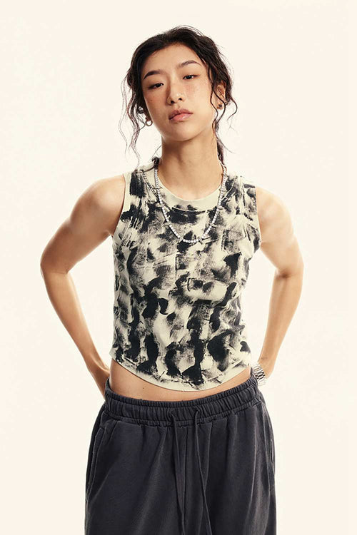 Vintage Washed Mud-Dye Crop Vest - Gray Apricot