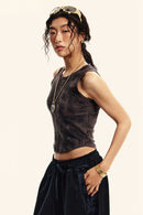 Vintage Washed Mud-Dye Crop Vest - Chocolate