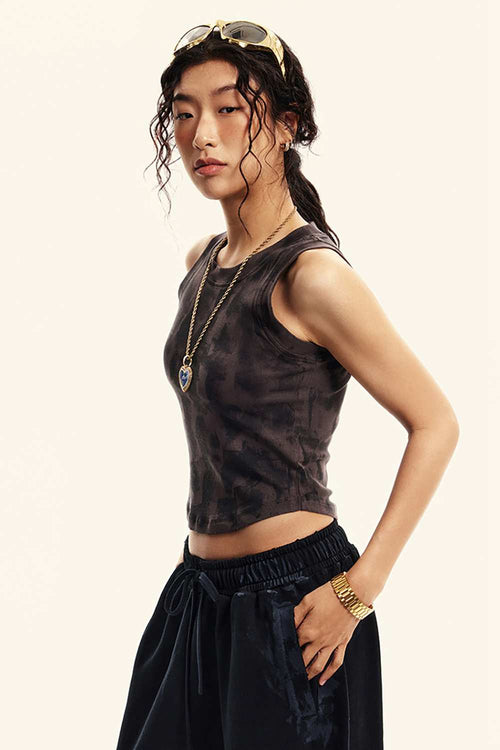 Vintage Washed Mud-Dye Crop Vest - Chocolate