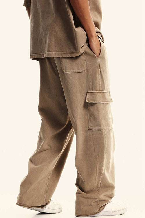 Washed Multi-Pocket Straight Pants - Mud