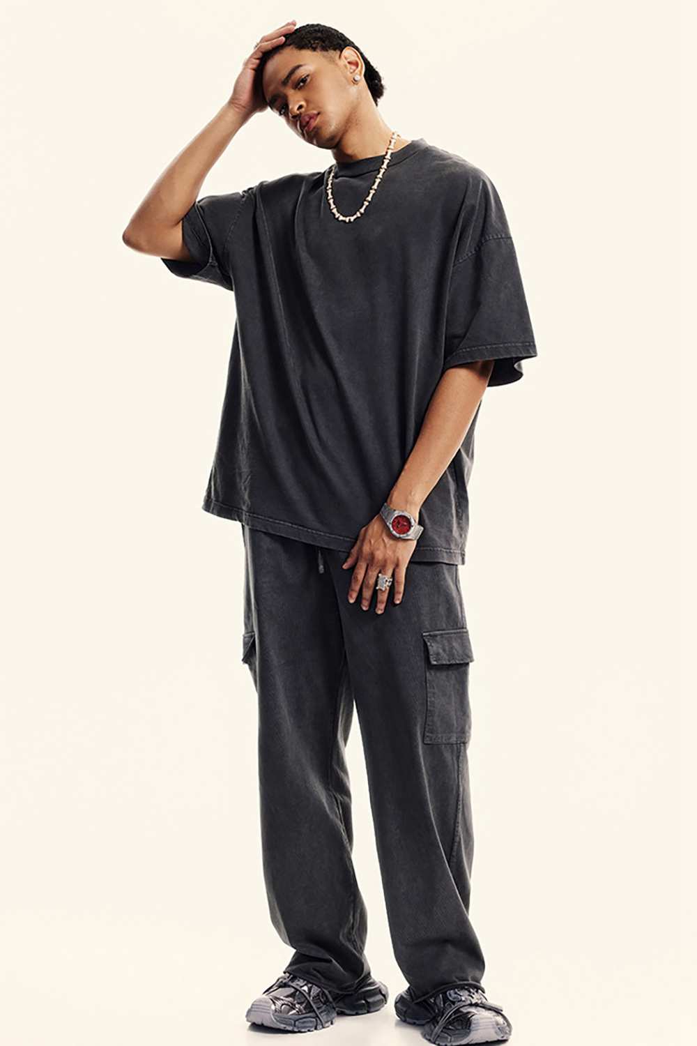 Washed Multi-Pocket Straight Pants - Dark Gray