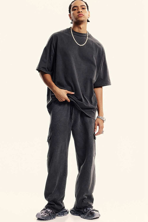 Washed Multi-Pocket Straight Pants - Dark Gray
