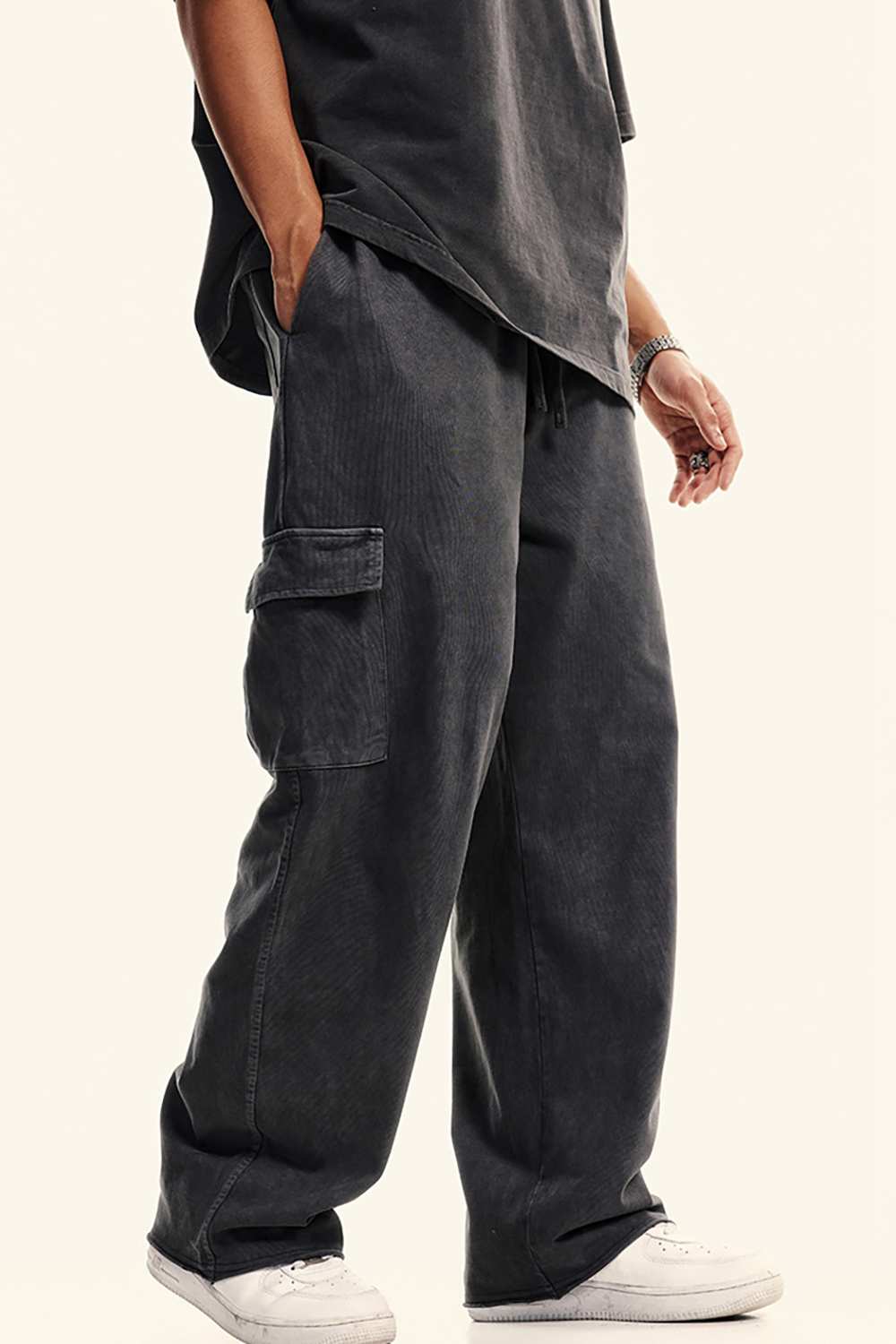 Washed Multi-Pocket Straight Pants - Dark Gray