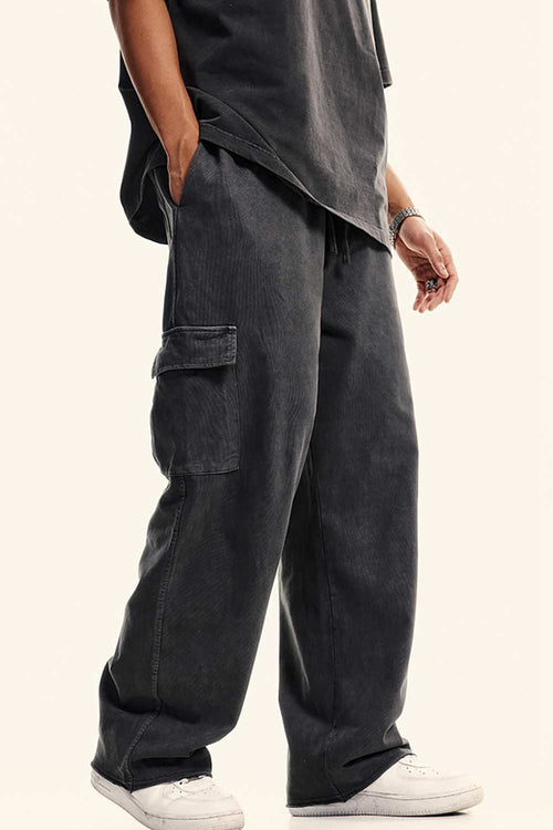 Washed Multi-Pocket Straight Pants - Dark Gray