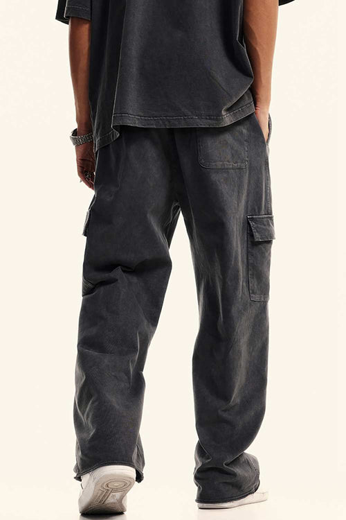 Washed Multi-Pocket Straight Pants - Dark Gray