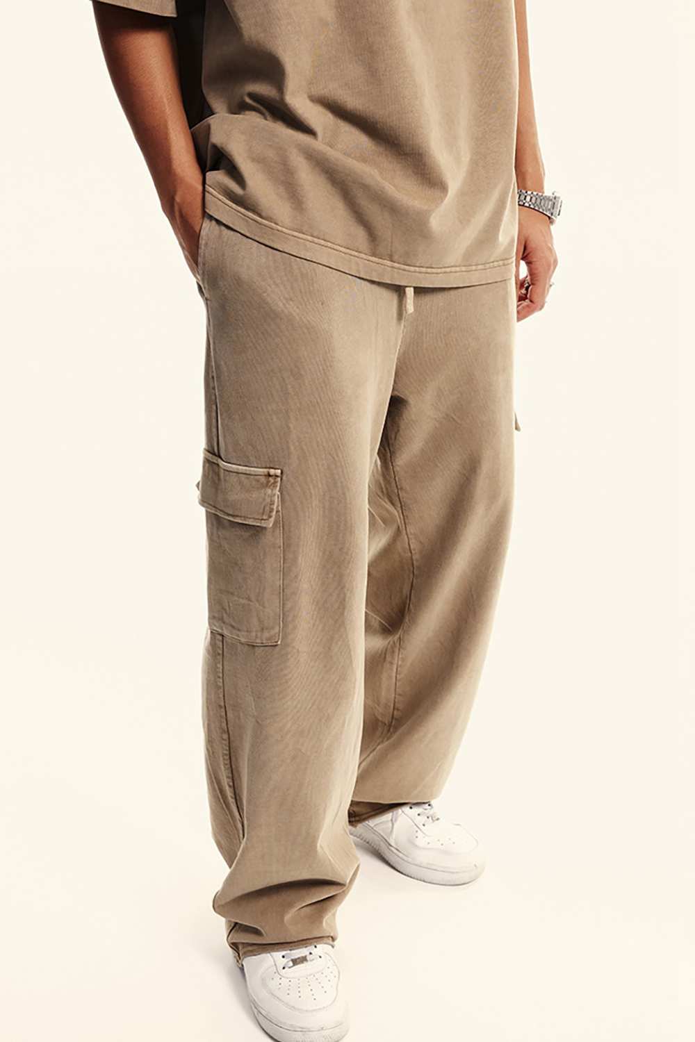 Washed Multi-Pocket Straight Pants - Mud