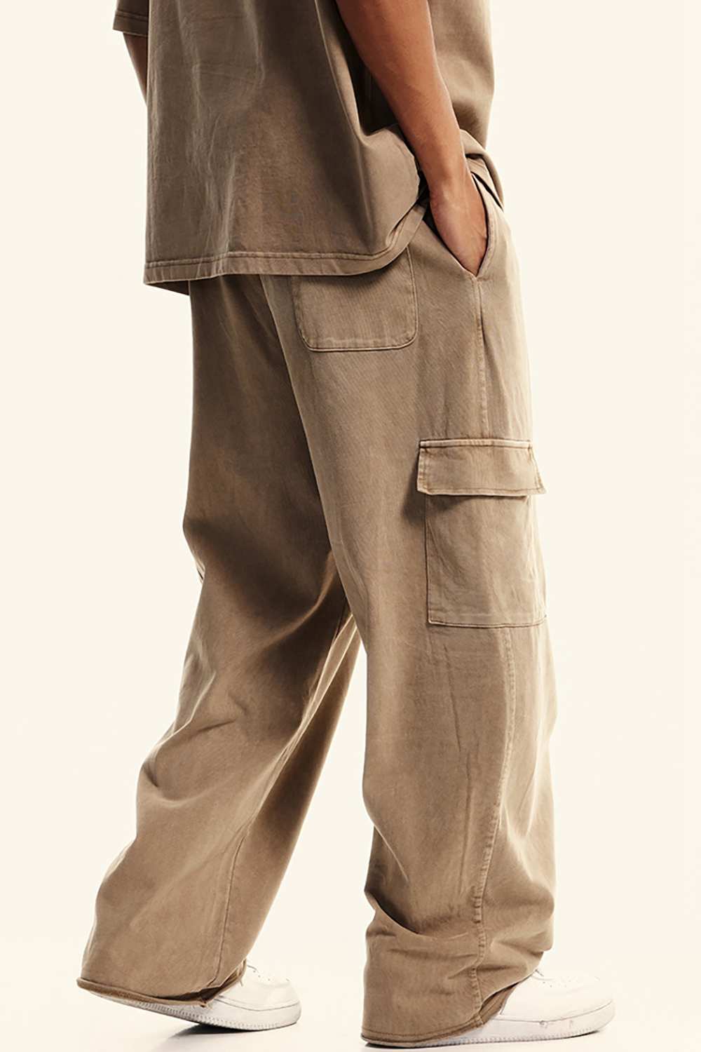 Washed Multi-Pocket Straight Pants - Mud