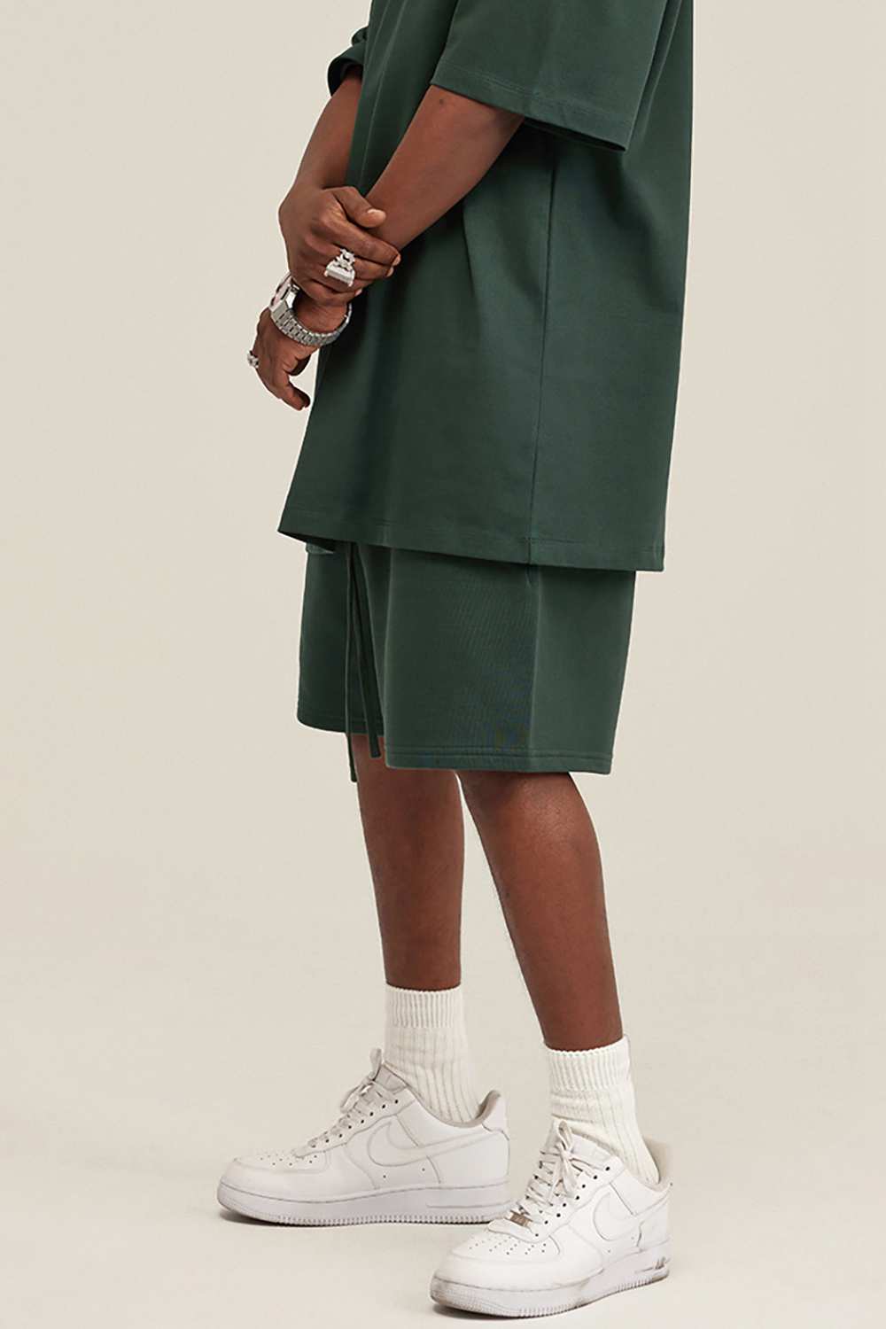 Heavyweight Cotton-Blend Relaxed Sweat Shorts in Blackish Green - product detail close-up
