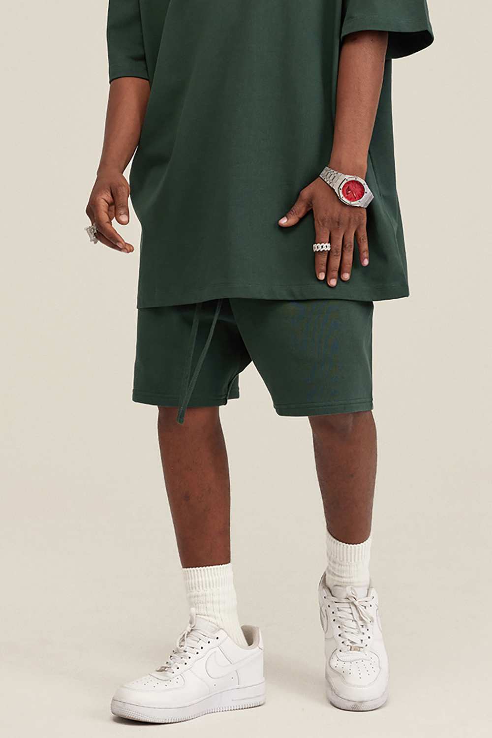 Heavyweight Cotton-Blend Relaxed Sweat Shorts in Blackish Green - product detail close-up