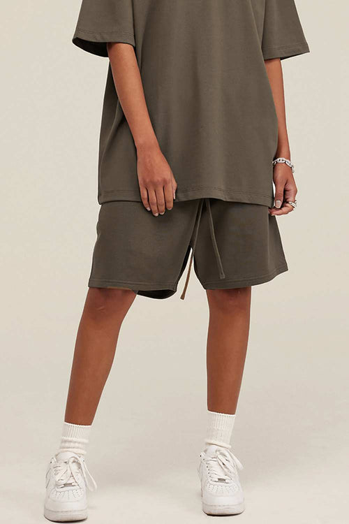 Heavyweight Cotton-Blend Relaxed Sweat Shorts in Brown - product detail close-up
