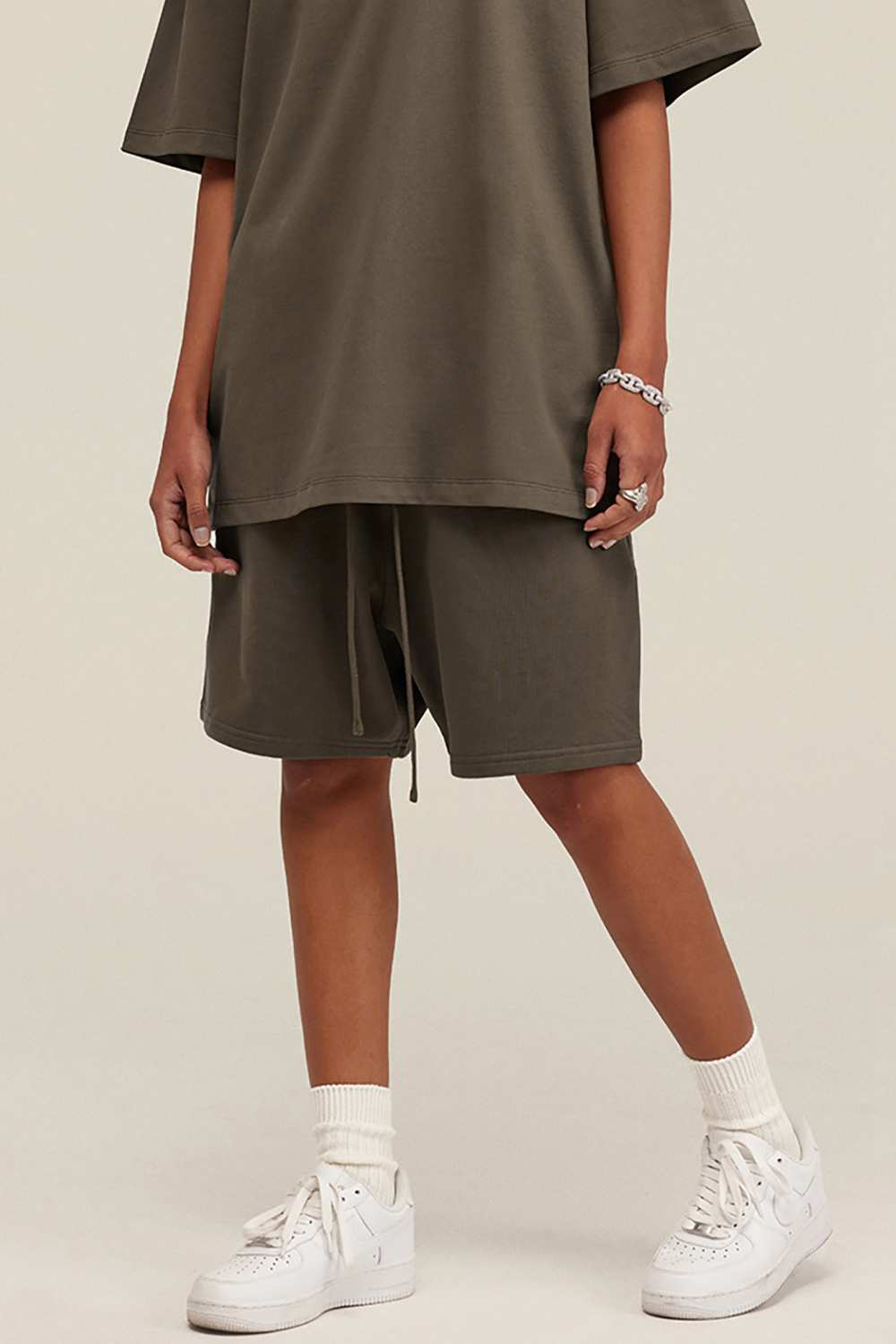 Heavyweight Cotton-Blend Relaxed Sweat Shorts in Brown - product detail close-up