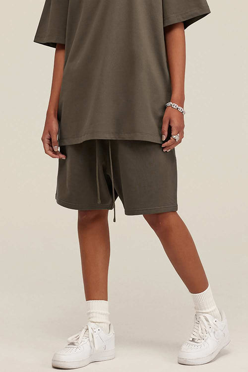 Heavyweight Cotton-Blend Relaxed Sweat Shorts in Brown - product detail close-up