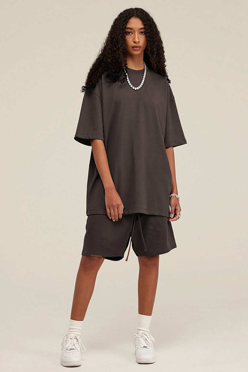 Heavyweight Cotton-Blend Relaxed Sweat Shorts in Charcoal - full-length front modeled view