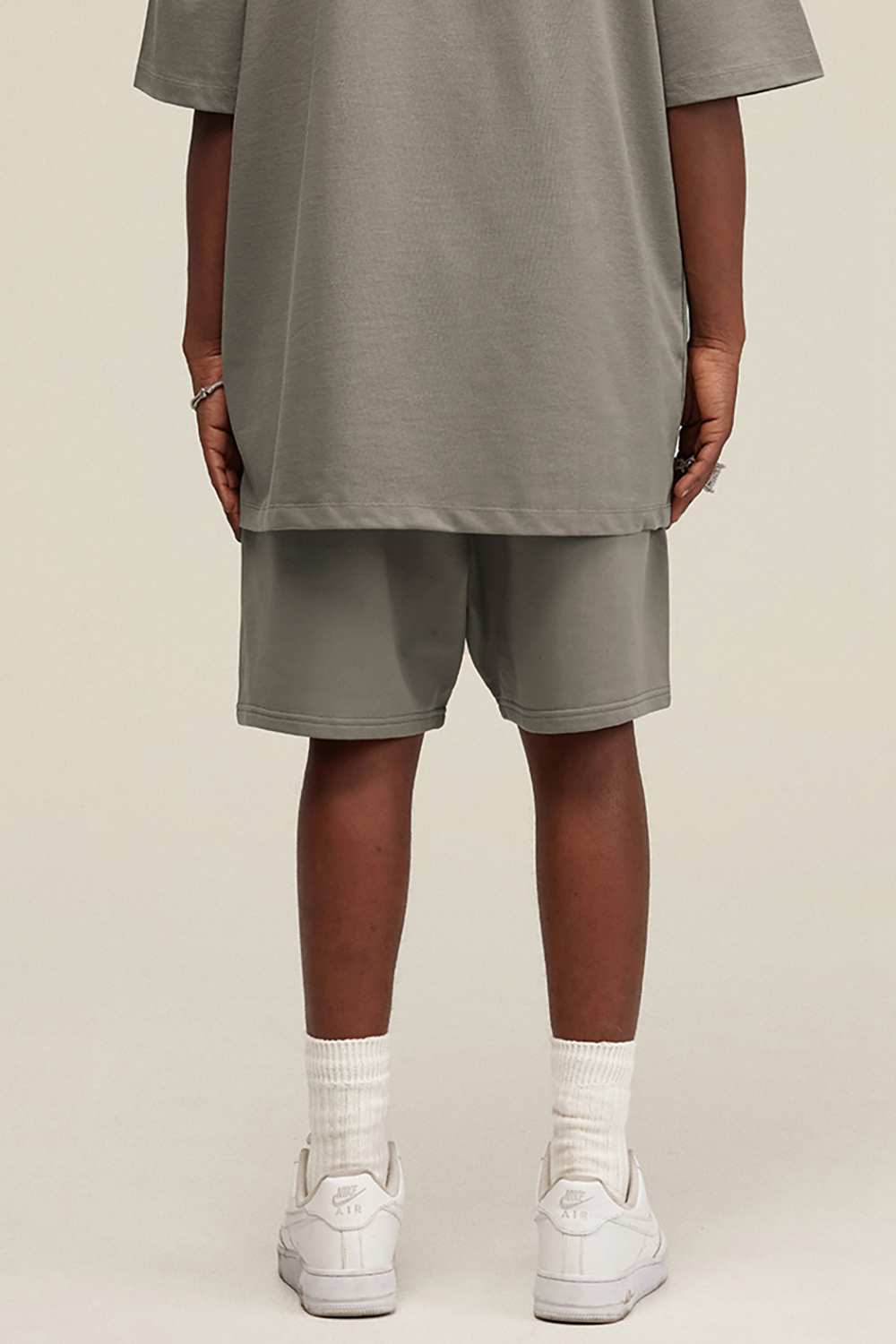 Heavyweight Cotton-Blend Relaxed Sweat Shorts in Gray Camel - product detail close-up