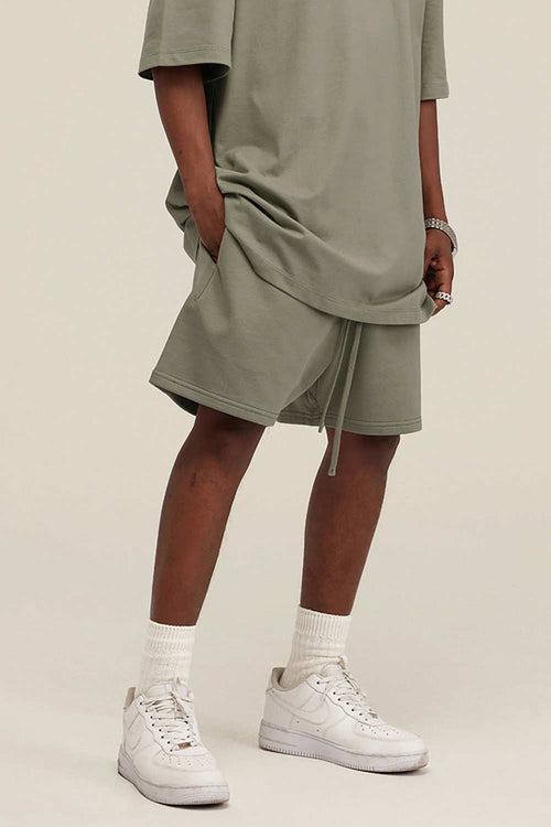 Heavyweight Cotton-Blend Relaxed Sweat Shorts in Grayish Green - product detail close-up