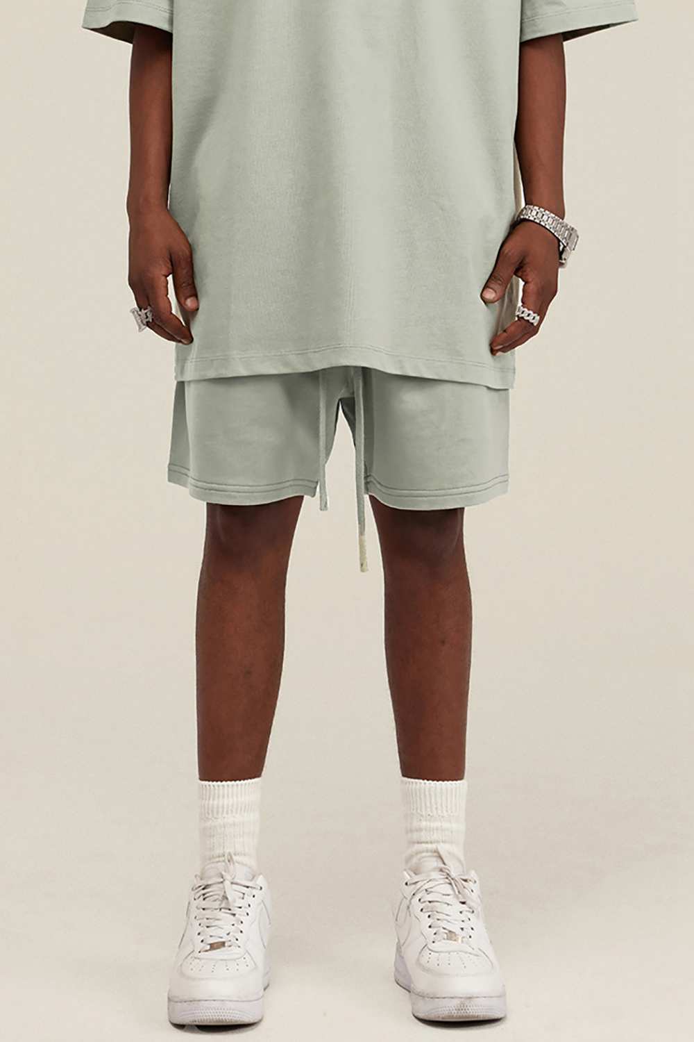 Heavyweight Cotton-Blend Relaxed Sweat Shorts in Halo Green - product detail close-up