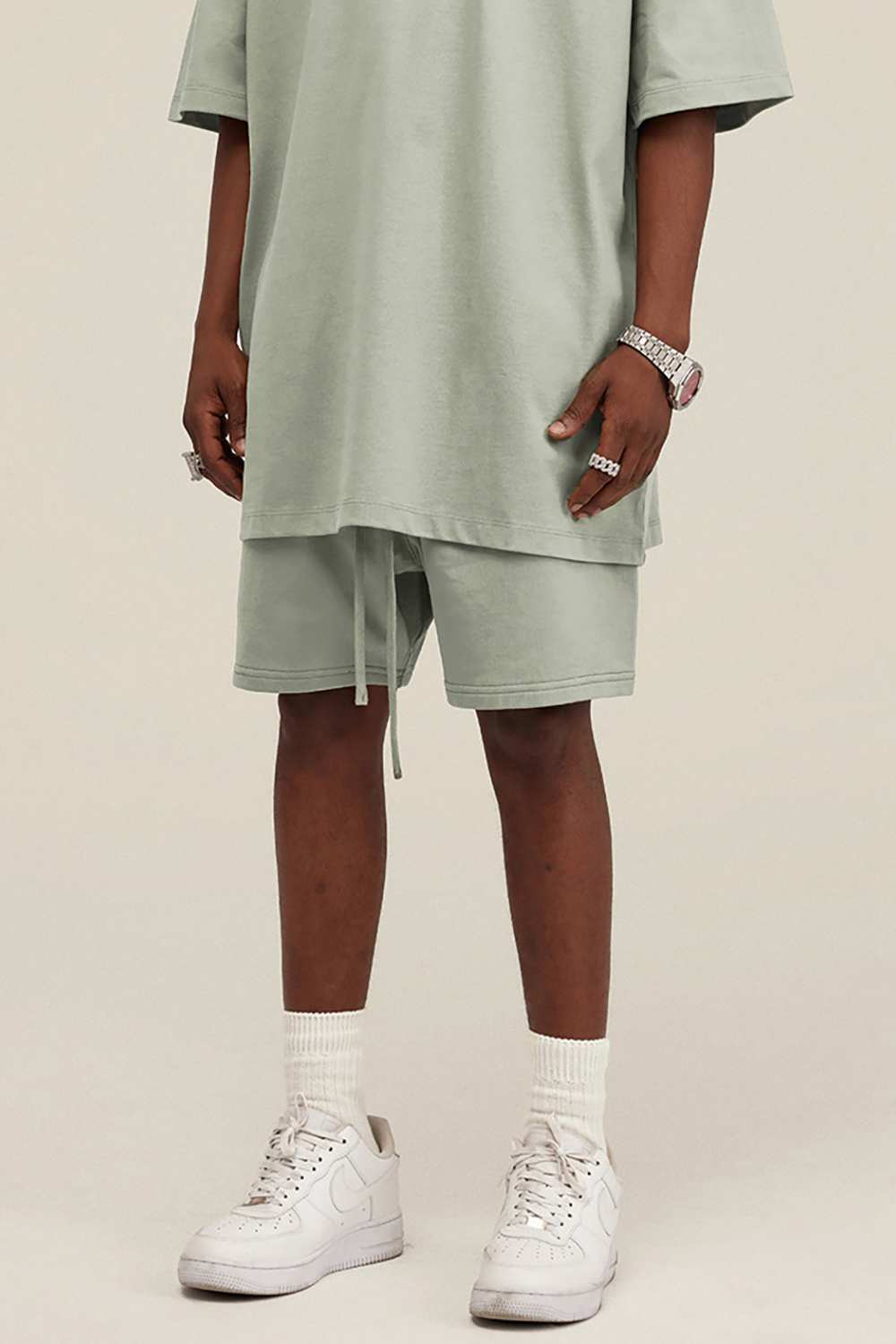 Heavyweight Cotton-Blend Relaxed Sweat Shorts in Halo Green - product detail close-up