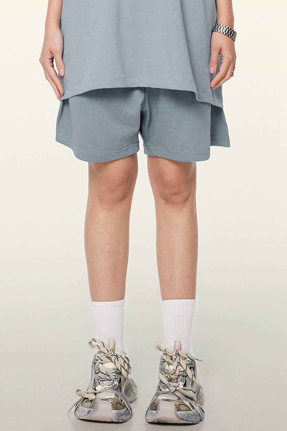Heavyweight Cotton-Blend Relaxed Sweat Shorts in Haze Blue - product detail close-up
