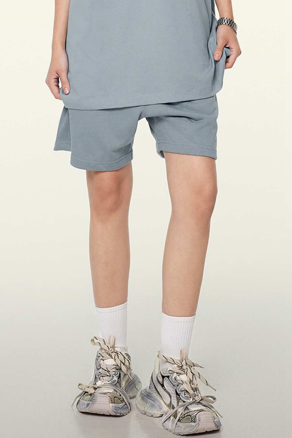 Heavyweight Cotton-Blend Relaxed Sweat Shorts in Haze Blue - product detail close-up