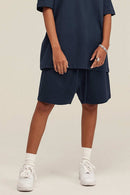 Heavyweight Cotton-Blend Relaxed Sweat Shorts in Navy Blue - product detail close-up