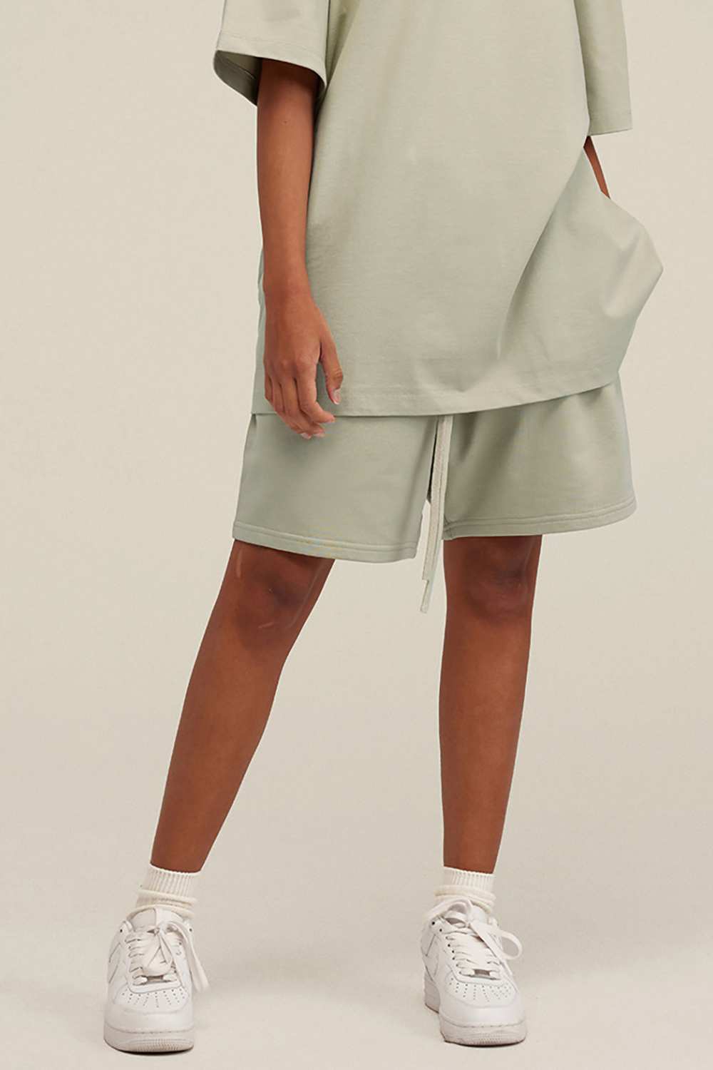 Heavyweight Cotton-Blend Relaxed Sweat Shorts in Sand - product detail close-up