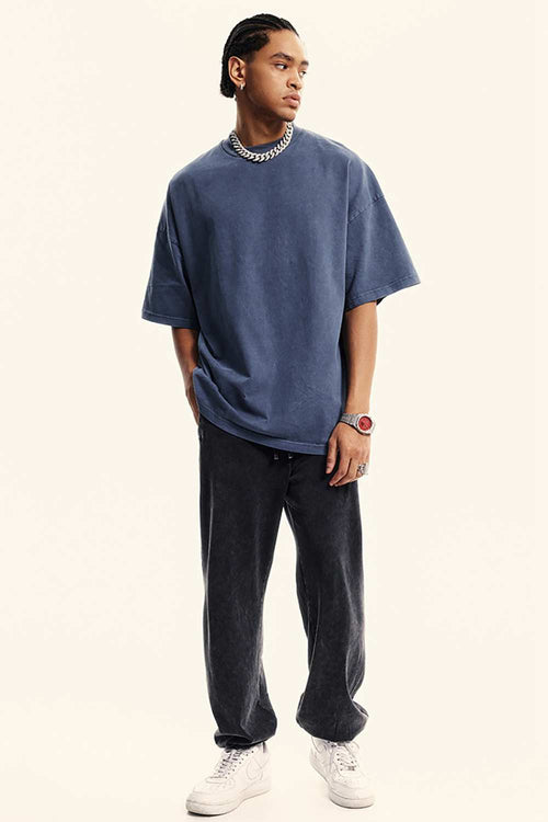 Washed Heavyweight Relaxed Cotton T-Shirt in Blueish Gray - full-length front modeled view