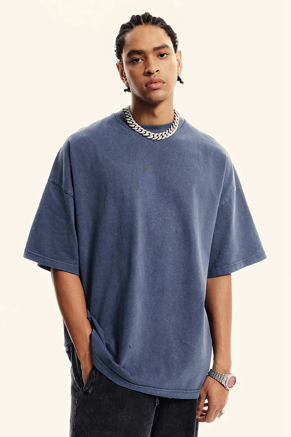 Washed Heavyweight Relaxed Cotton T-Shirt in Blueish Gray - front modeled view