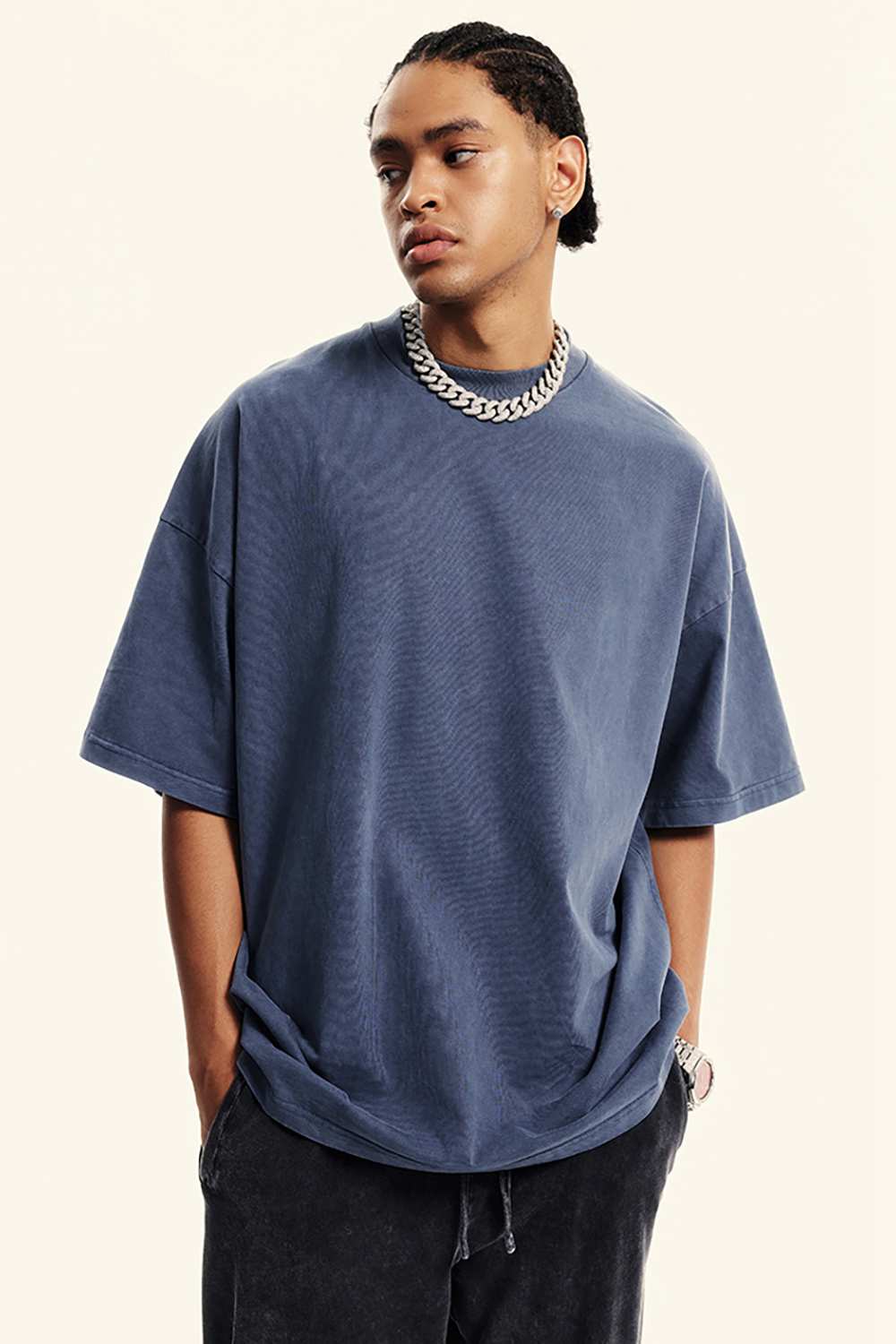 Washed Heavyweight Relaxed Cotton T-Shirt in Blueish Gray - product detail close-up