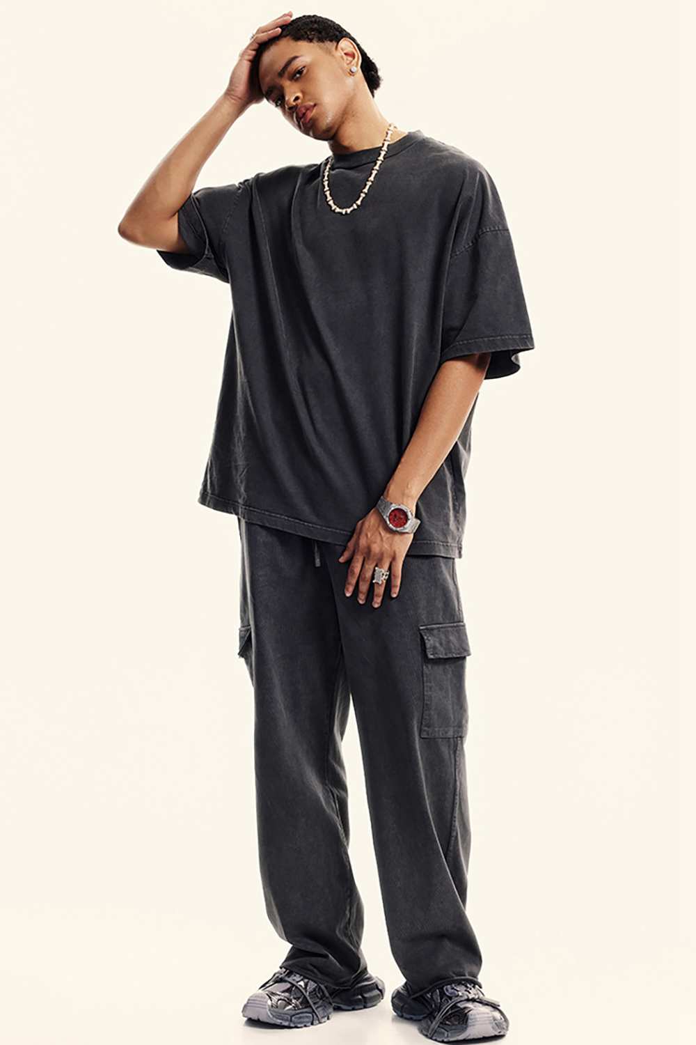 Washed Heavyweight Relaxed Cotton T-Shirt in Fried Snowflakes - full-length front modeled view