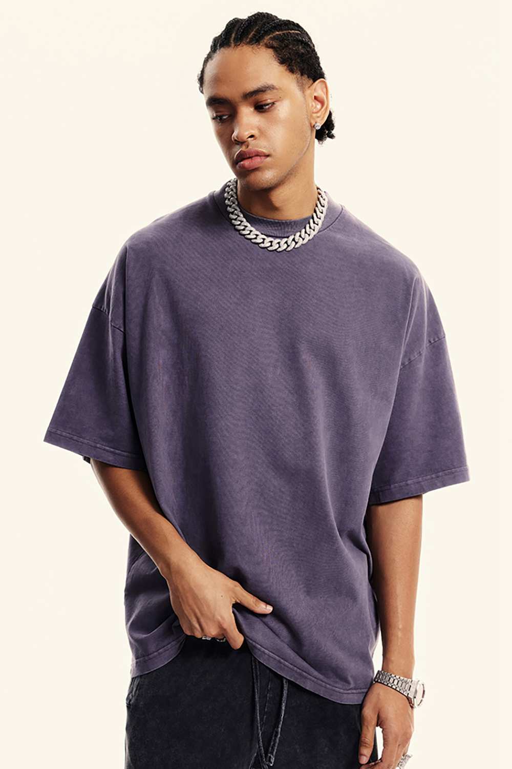 Washed Heavyweight Relaxed Cotton T-Shirt in Grape Purple - front product view