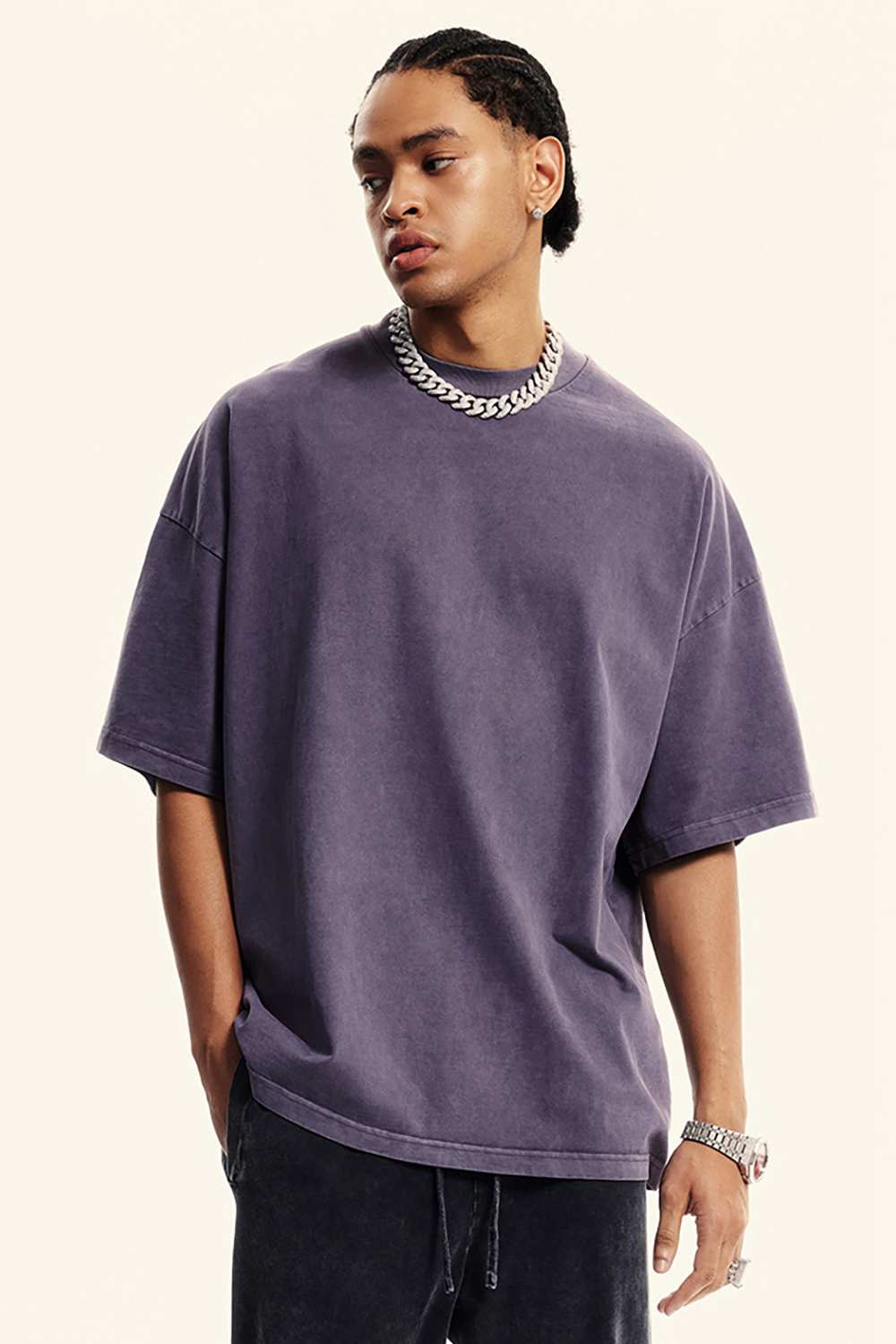 Washed Heavyweight Relaxed Cotton T-Shirt in Grape Purple - front product view