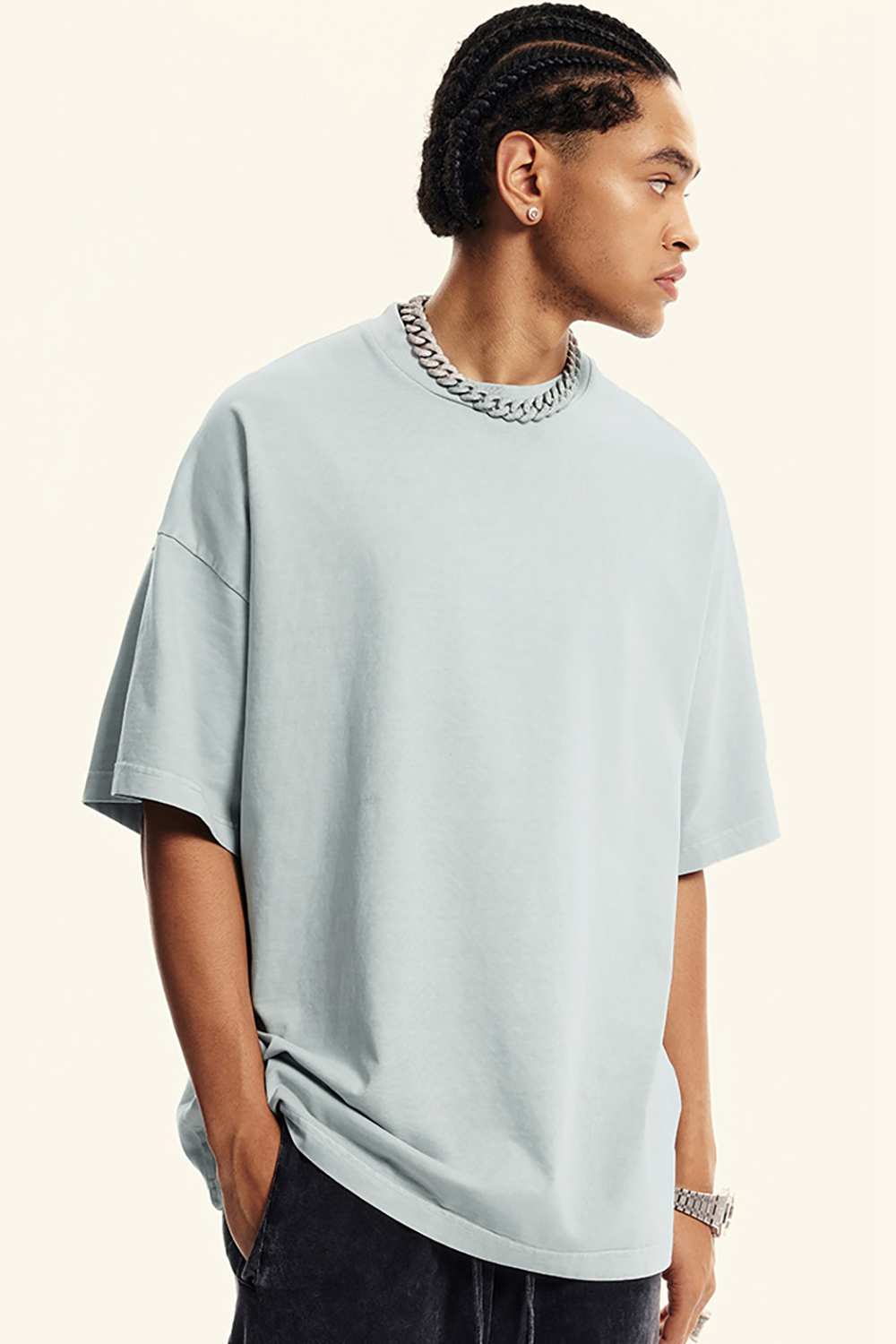 Washed Heavyweight Relaxed Cotton T-Shirt in Light Gray - product detail close-up