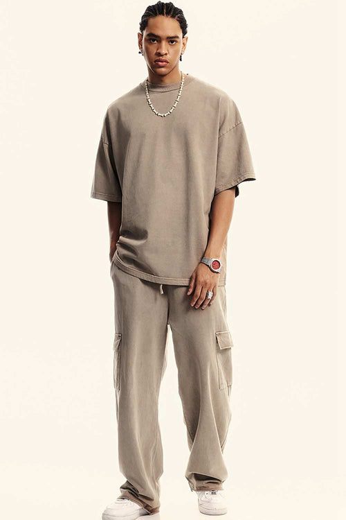 Washed Heavyweight Relaxed Cotton T-Shirt in Mud - full-length front modeled view