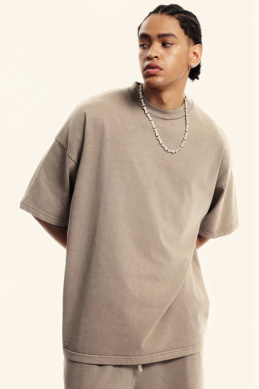 Washed Heavyweight Relaxed Cotton T-Shirt in Mud - back product view