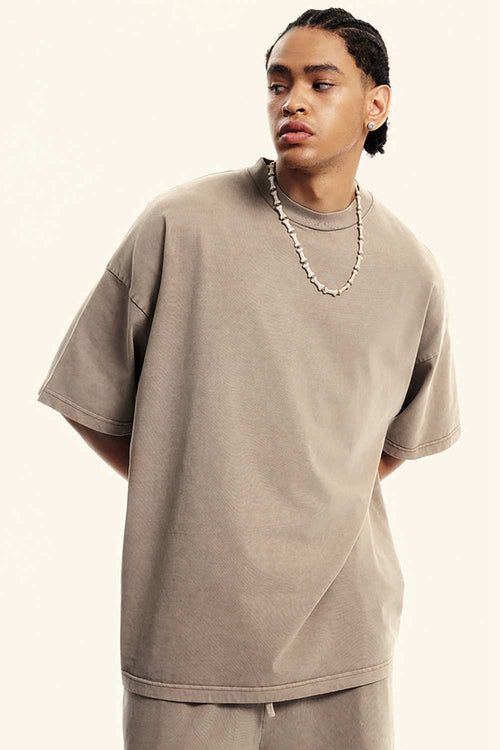 Washed Heavyweight Relaxed Cotton T-Shirt in Mud - back product view