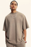 Washed Heavyweight Relaxed Cotton T-Shirt in Mud - front product view