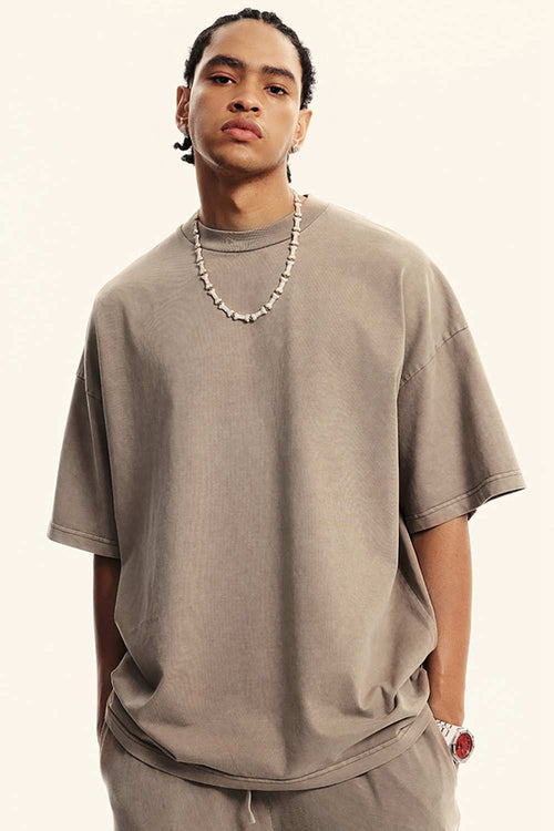 Washed Heavyweight Relaxed Cotton T-Shirt in Mud - front product view