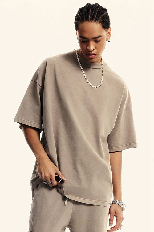 Washed Heavyweight Relaxed Cotton T-Shirt in Mud - product detail close-up