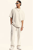 Washed Heavyweight Relaxed Cotton T-Shirt in Slate Rice - full-length front modeled view