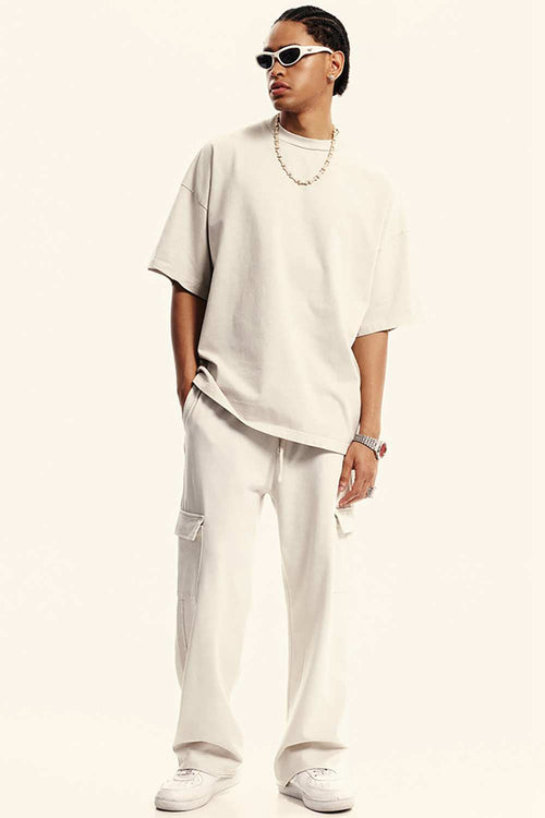 Washed Heavyweight Relaxed Cotton T-Shirt in Slate Rice - full-length front modeled view