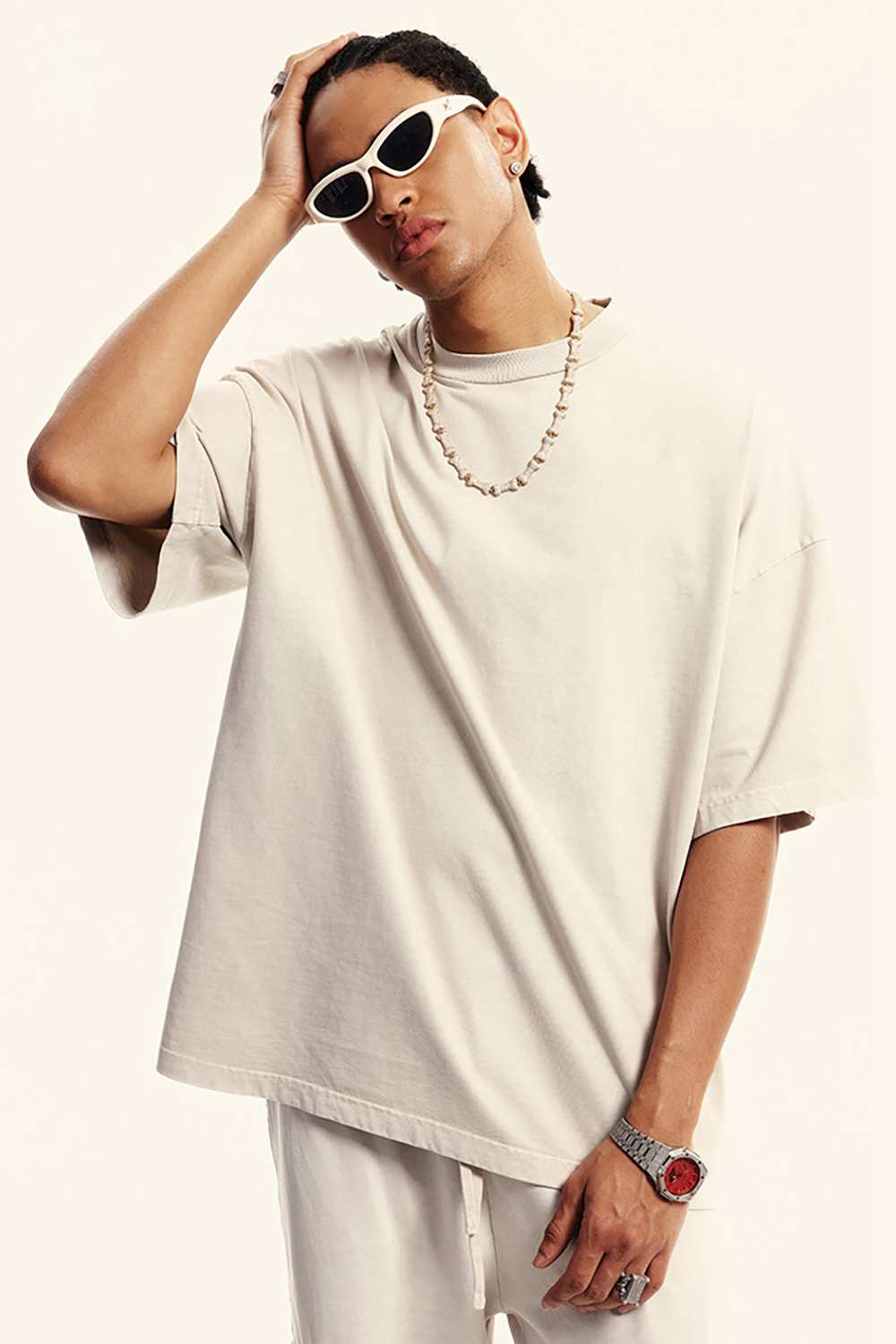 Washed Heavyweight Relaxed Cotton T-Shirt in Slate Rice - front product view