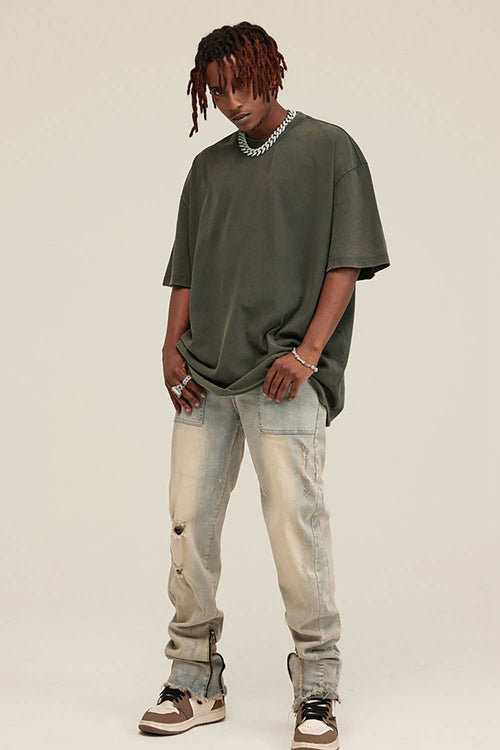 Washed Distressed-Fade Relaxed Cotton T-Shirt in Grayish Green - full-length front modeled view