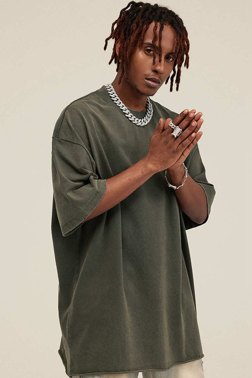 Washed Distressed-Fade Relaxed Cotton T-Shirt in Grayish Green - front modeled close-up