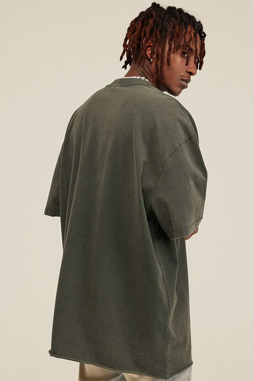 Washed Distressed-Fade Relaxed Cotton T-Shirt in Grayish Green - product detail close-up