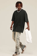 Washed Distressed-Fade Relaxed Cotton T-Shirt in Rust Black - full-length front modeled view