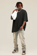 Washed Distressed-Fade Relaxed Cotton T-Shirt in Rust Black - full-length front modeled view