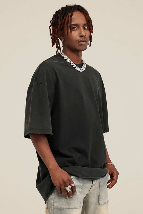 Washed Distressed-Fade Relaxed Cotton T-Shirt in Rust Black - front product view