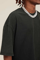 Washed Distressed-Fade Relaxed Cotton T-Shirt in Rust Black - collar detail