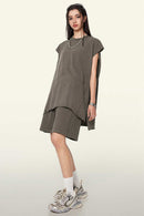 Washed Cotton Split-Hem Longline Tank Top in Coffee - full-length front modeled view